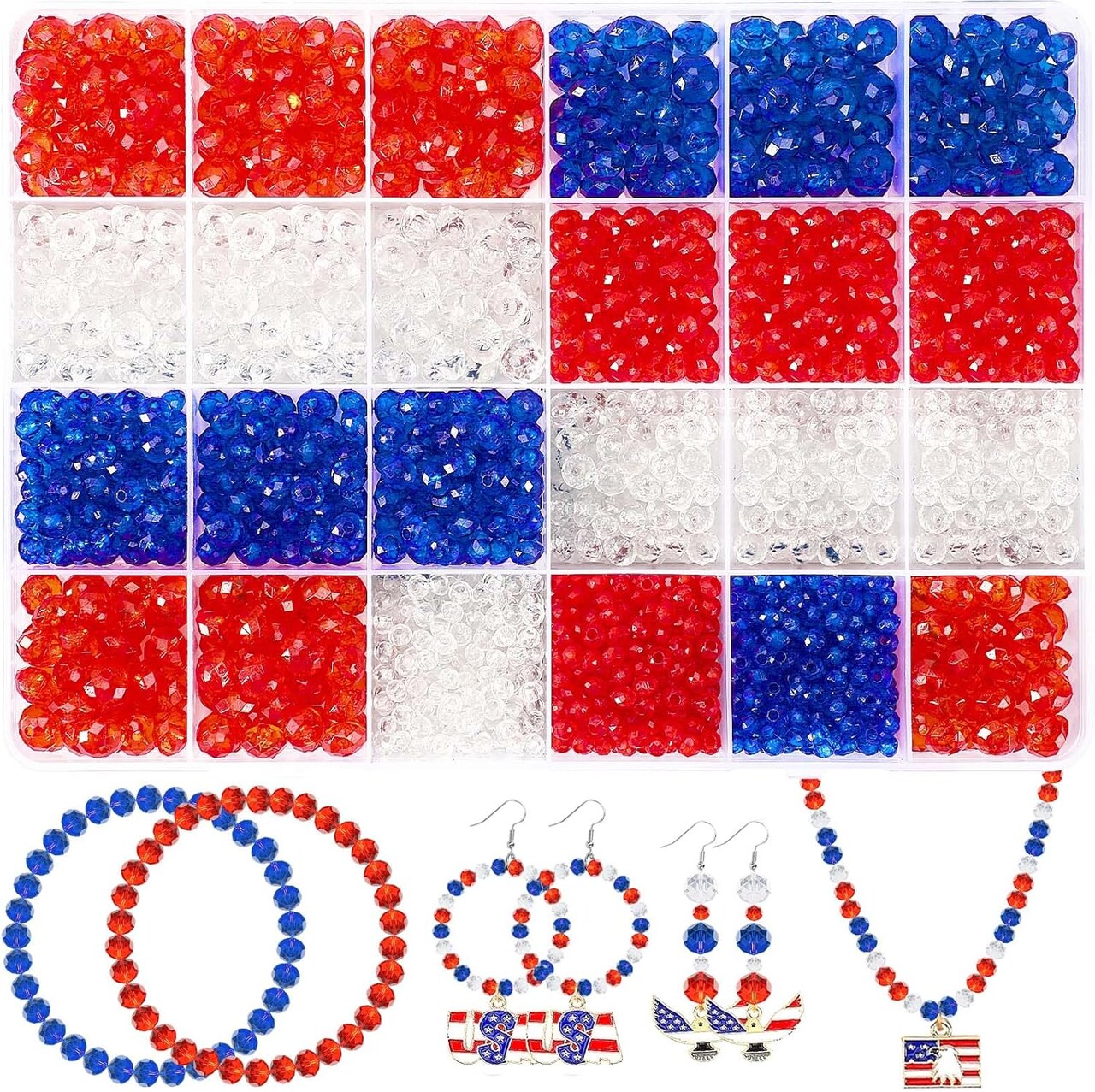 1560pcs Patriotic Acrylic Crystal Beads – 4th of July Loose Spacer Beads in Red, White & Blue for DIY Bracelets, Jewelry Making, and Crafts, Includes 4mm, 6mm & 8mm Sizes